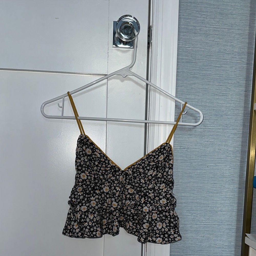 Floral Spaghetti Strap Top - Black and Yellow